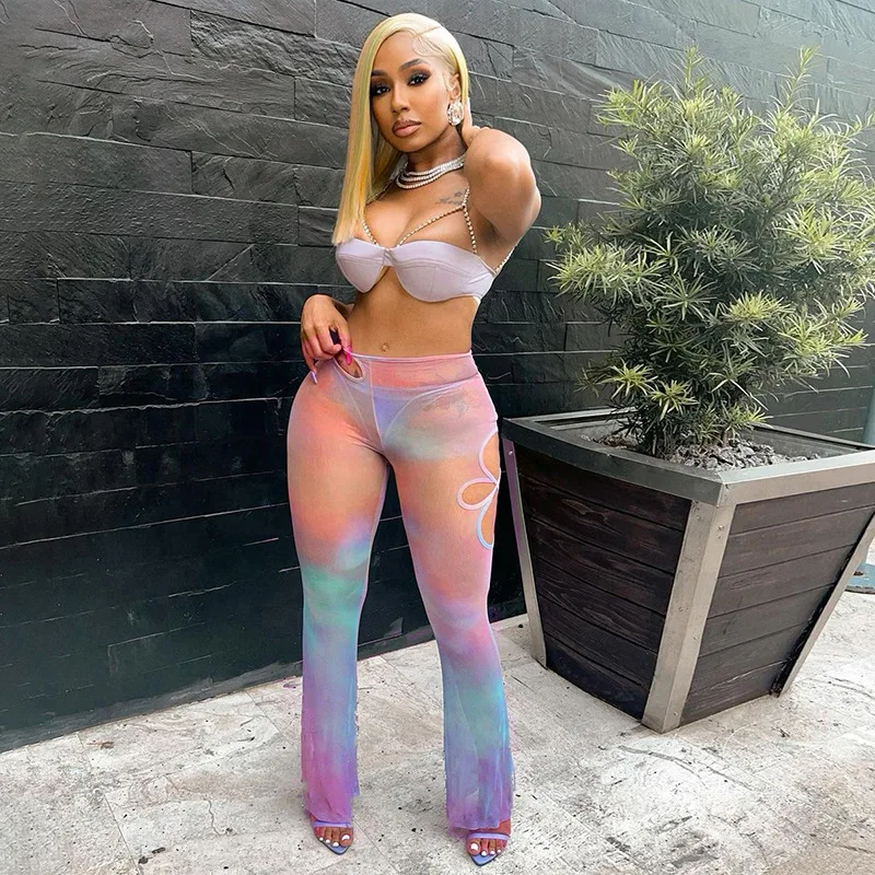 

Fashion Attirewear Two Piece Set Women 2022 Shiny PU Style Rhinestone Camisole+Gradient Colorful Mesh Lace Up Perspective Pants