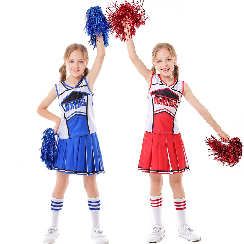 

Kid Cheerleader Costume Tank Top Pleated Skirt Cheerleading Uniform Set for Girls Complete Outfit Clothes with Pom Poms Stocking