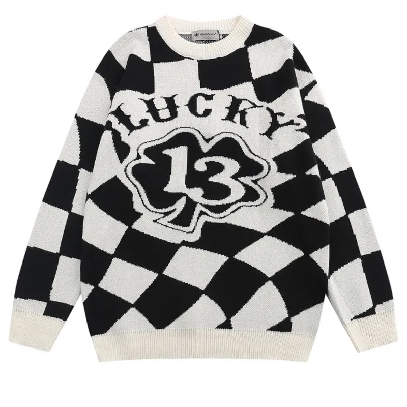 

2023 Autumn And Winter Man New Fashion Checkerboard Sweater High Street Hip Hop Casual Interesting Niche Vintage Sweater