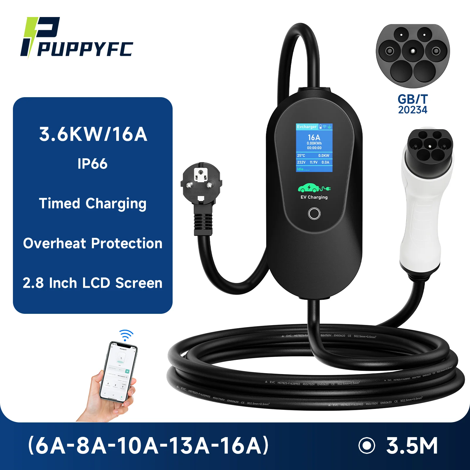 

Портативное Зарядное Устройство Puppyfc Для Электромобилей 3.6кВт, Type2 И Type1 SAE J1772, 16А, Быстрая Зарядка