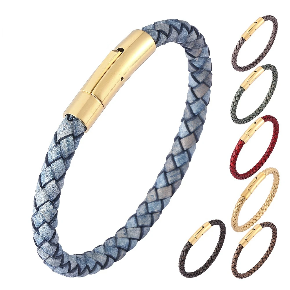 

Titanium Steel Plated 18K Gold Vintage Leather Braided Bracelet Simple Sailor Rope Stainless Steel Leather Couple Bracelet