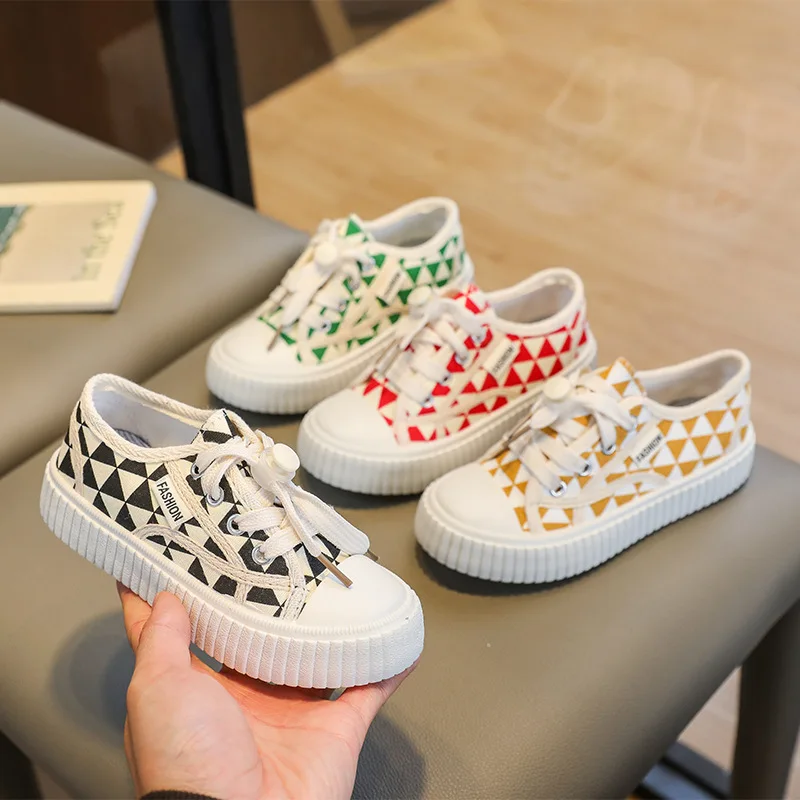 Children's Canvas Shoes Boys Spring Low Top Small White Shoes Boys Plaid Baby Board Shoes Girls Cloth Shoes Sneakers Kids Sports