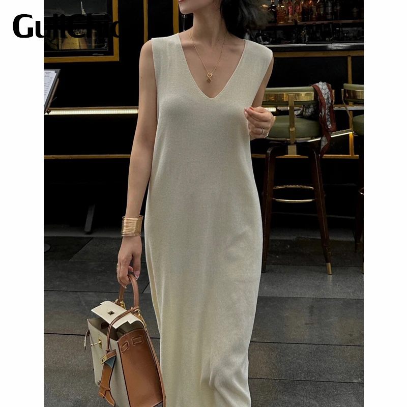 7.3 GuliChic Women Temperament Solid Color V-Neck Sleeveless Casual Comfortable Knitted Long Dress