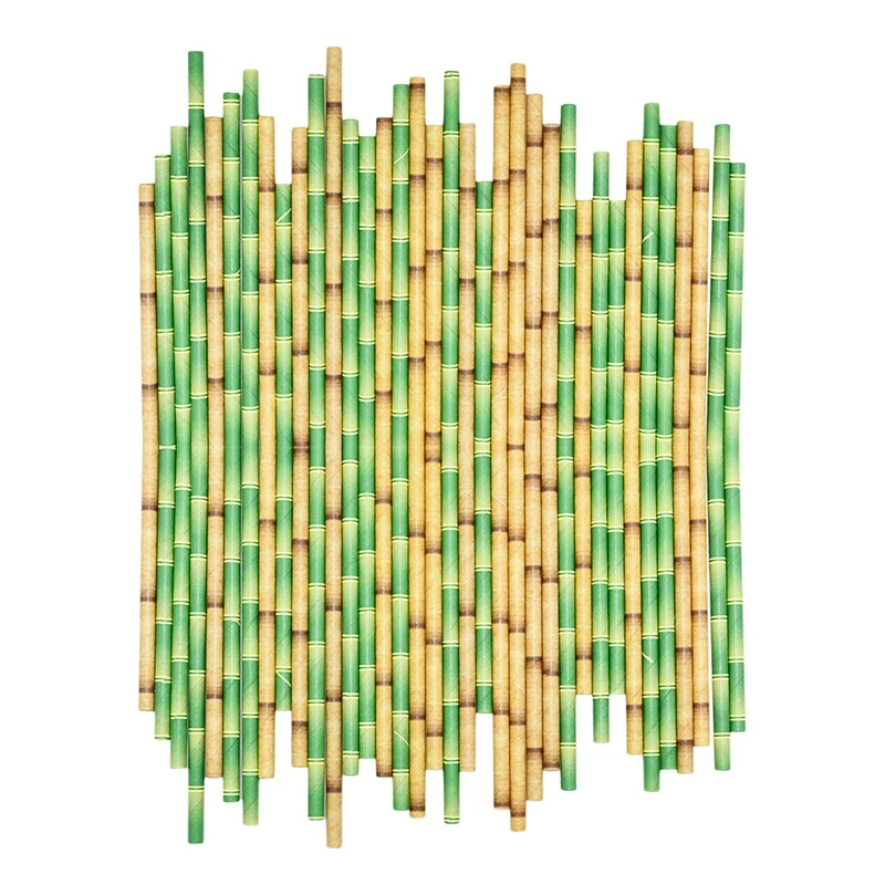 

200Pcs Green Yellow Bamboo Pattern Paper Straws Juice Cocktail Drinking Straw For Wedding Bar Jungle Party Supplies