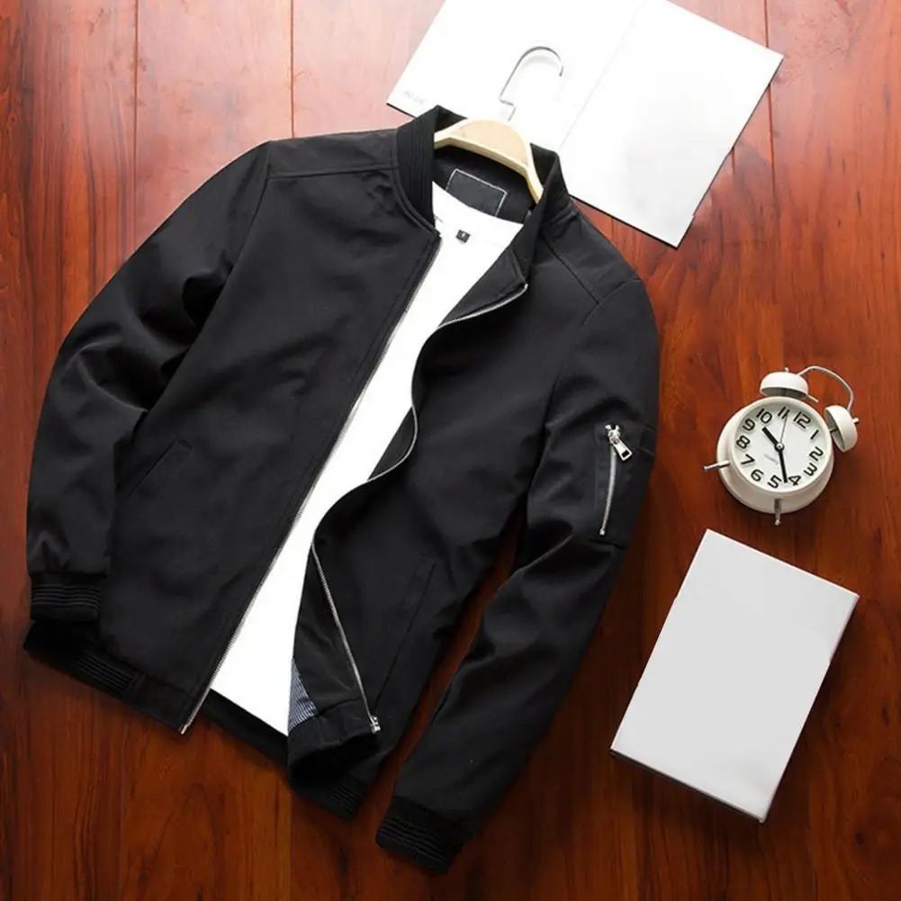 

Male Stylish Ribbed Cuff Pockets Baseball Coat Breathable Bomber Jacket Long Sleeves for Daily Wear