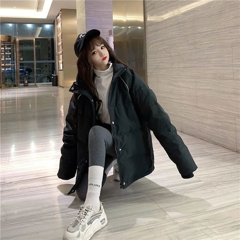 Cotton Coat Women 2021 Fashion Winter Clothes Korean Version Loose Thick Harajuku Bread Quilted Jacket Mid-length Black Jacket