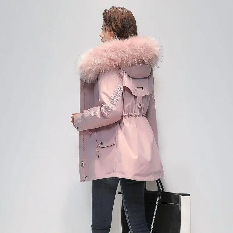 2022 Winter New Women Hooded Parka Down Jacket Design Sense Large Pocket Plus Velvet Warm Large Fur Collar Solid Color Coats