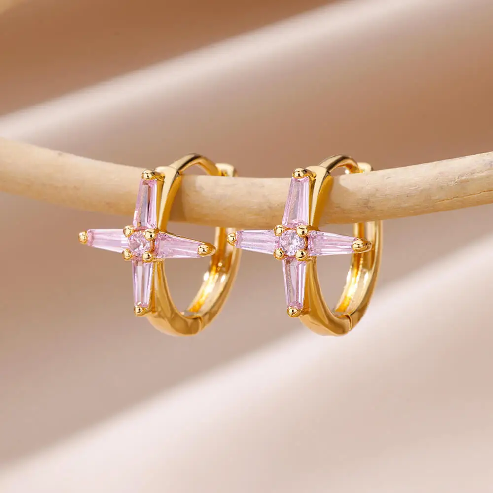 

Gold Color Cross Flower Hoop Earrings For Women Metal Copper Pink Zircon Earring Vintage Circle Girls Trendy Jewelry Party Gifts