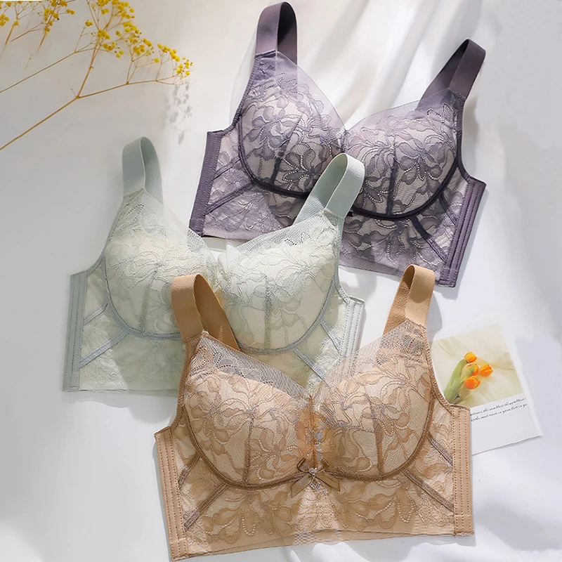

Five-Row Buckle Gather Together Bra Adjustment Type Comfort Soft No Steel Ring Underwear Women Anti-Sag Lace Thin Cup Chest Wrap