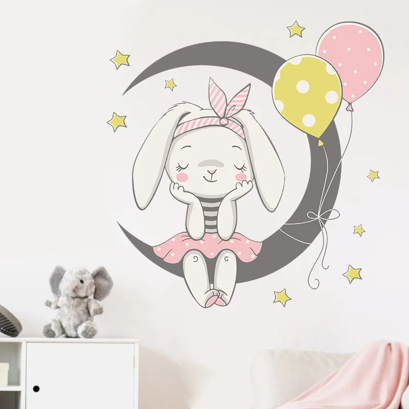 

Cute Bunny Moon Balloon Pattern Stickers for Kids Room Cat Baby Nursery Wall Decals Pink Flower for Girl Room Home Decoration