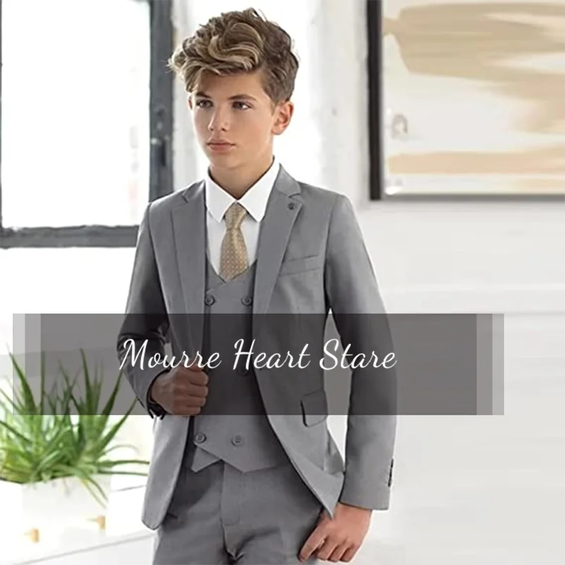 Classic Gray Children's Suits Kids Wedding Costumes For Boys Slim Fit Blazer Outfit Set 3-Piece Tuxedo (Jacket+Vest+Pants)