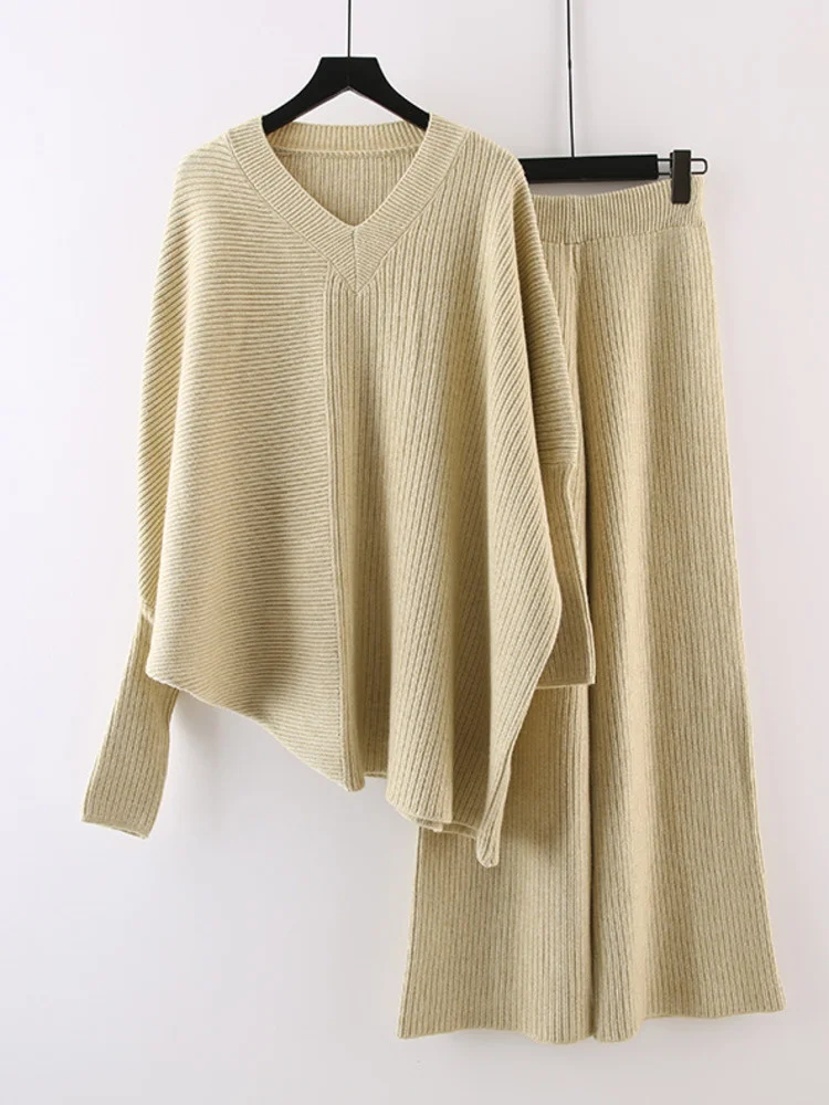 Women's Autumn And Winter Thickened Loose Knitted 2 Pieces Set Irregular Pullover Sweater Matching Wid Leg Pants M861