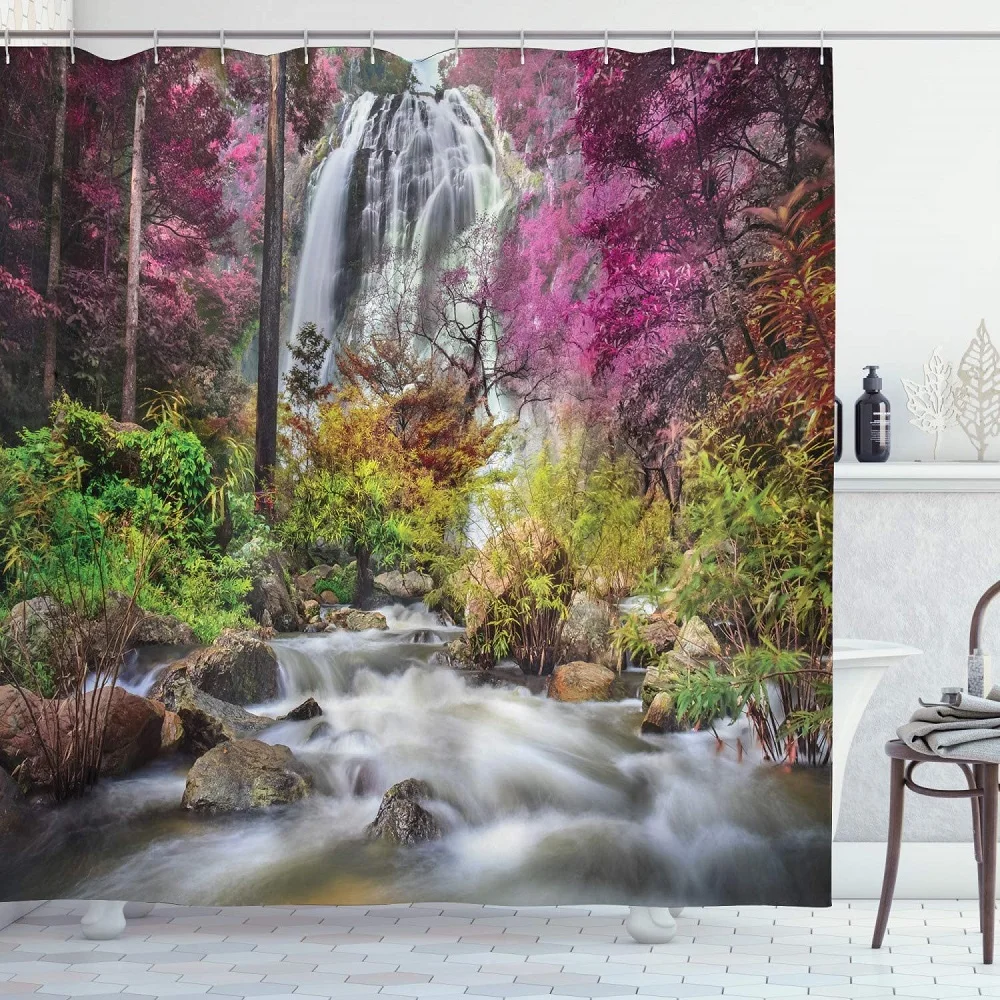 

Autumn Forest Shower Curtain Maple Leaf Forest Waterfall Natural Landscape Waterproof Bath Curtains Bathroom Decor with Hooks