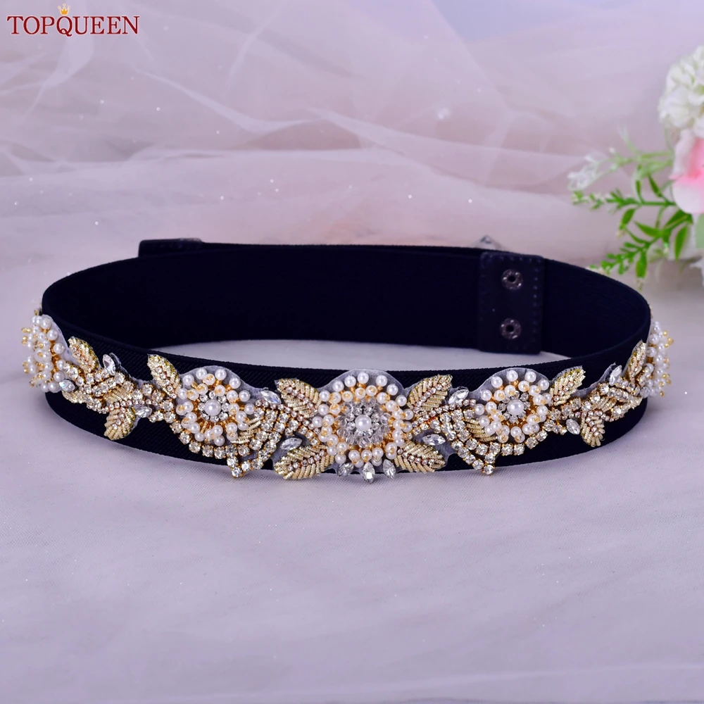 TOPQUEEN S70-G Black Elastic Belt Daily Ladies Women Luxury Female Party Evening Gown Dresses Pearl Rhinestones Gold Decoration