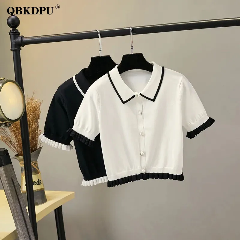 

Женский трикотажный кардиган с короткими рукавами, элегантный черный белый Повседневный трикотажный кардиган с оборками и жемчужными пуго...