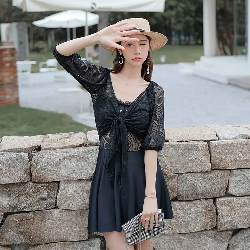 

Swimsuit Women 2022 Plus Size Bikini One Piece Bathing Suit New Female Backless Ins Black Solid Polyester 1 Rashguard Summer