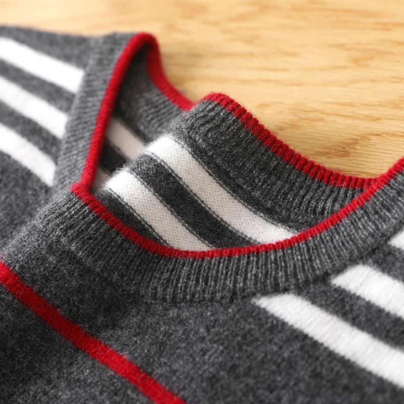 100% pure wool sweater men's round neck pullover spring and autumn new knitted striped cashmere sweater