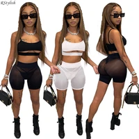 rstylish sexy solid two piece set women cut out sleeveless crop top sheer mesh patchwork skinny shorts suit 2022 summer outfits