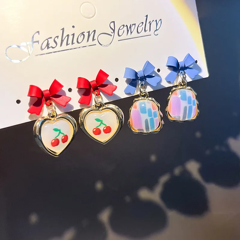 

New Fantasy Fashion Colorful Color Matching Bow Love Geometric Cherry Earrings Opal Sweet Girl Earrings
