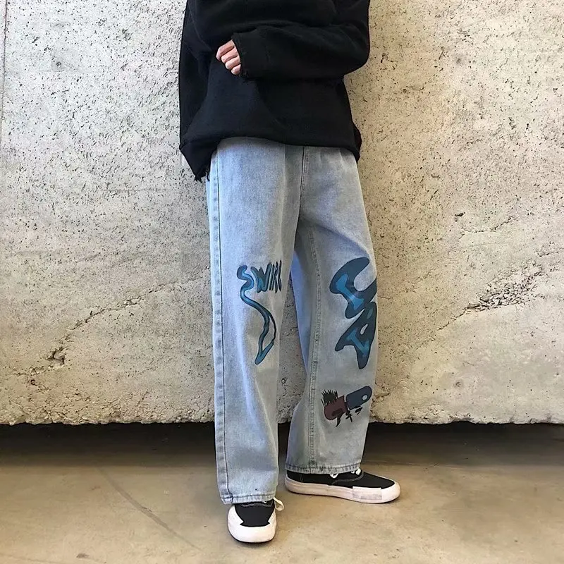 2022 New Arrivals Graffiti Hip Hop Men Straight Jeans Trousers Streetwear Male Casual Baggy Denim Pants Korean Style Pantalones
