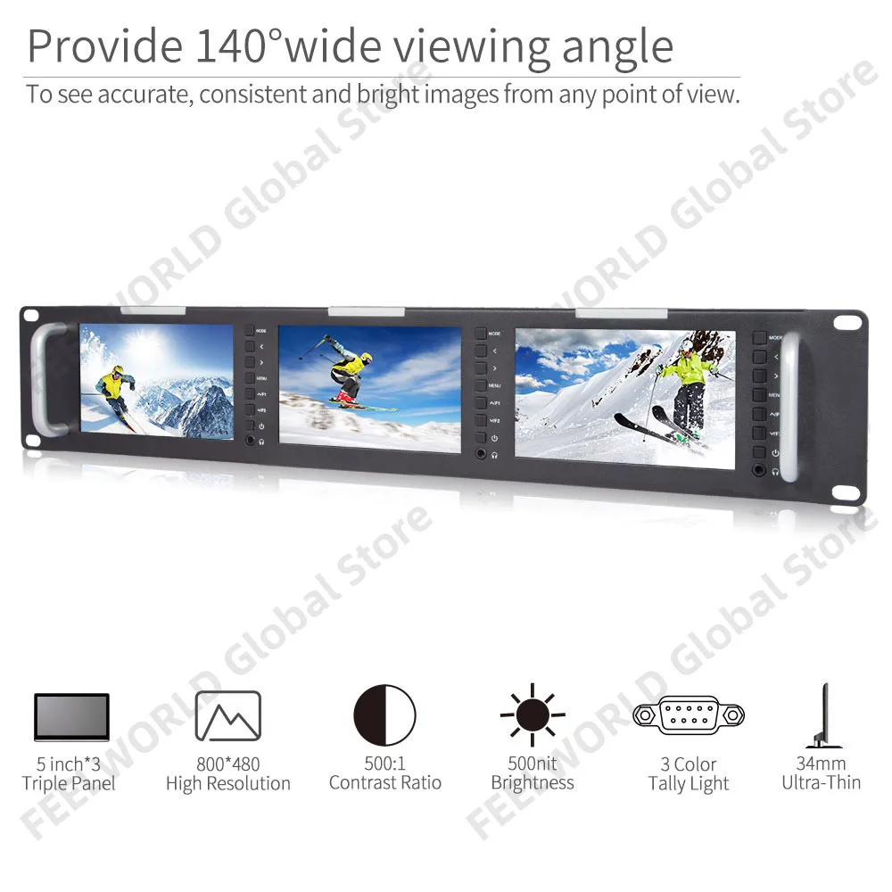 FEELWORLD T51 Тройной 5-дюймовый 2RU монитор для установки в стойку SDI Broadcast Field Video LCD экран 800x400 3G HDMI AV вход и выход.