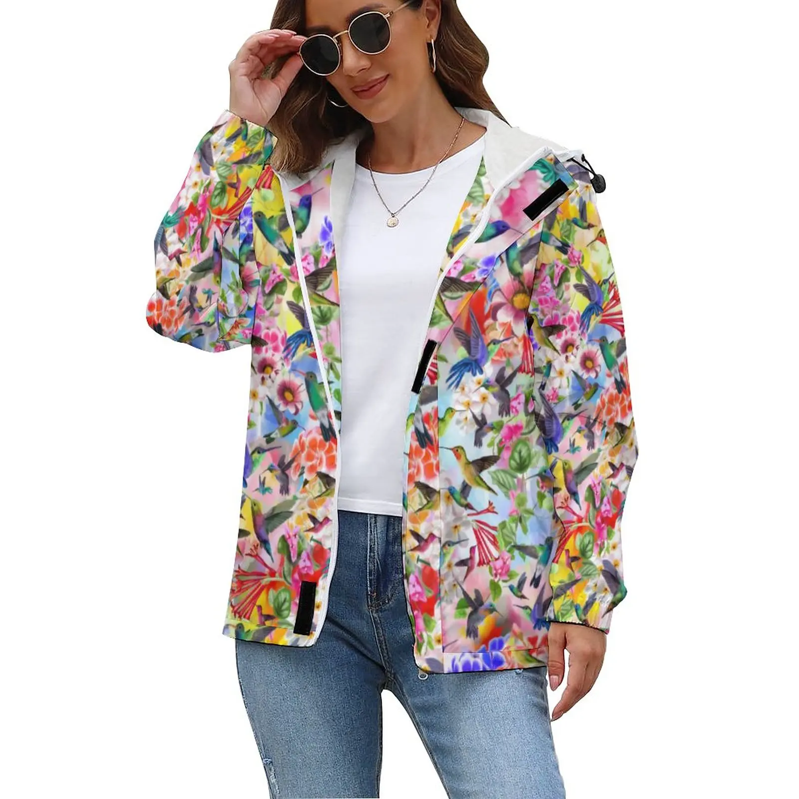 

Colorful Floral Print Warm Casual Jackets Humming Birds Aesthetic With Pockets Coats Winter Ladies Design Outerwear Jacket Gift