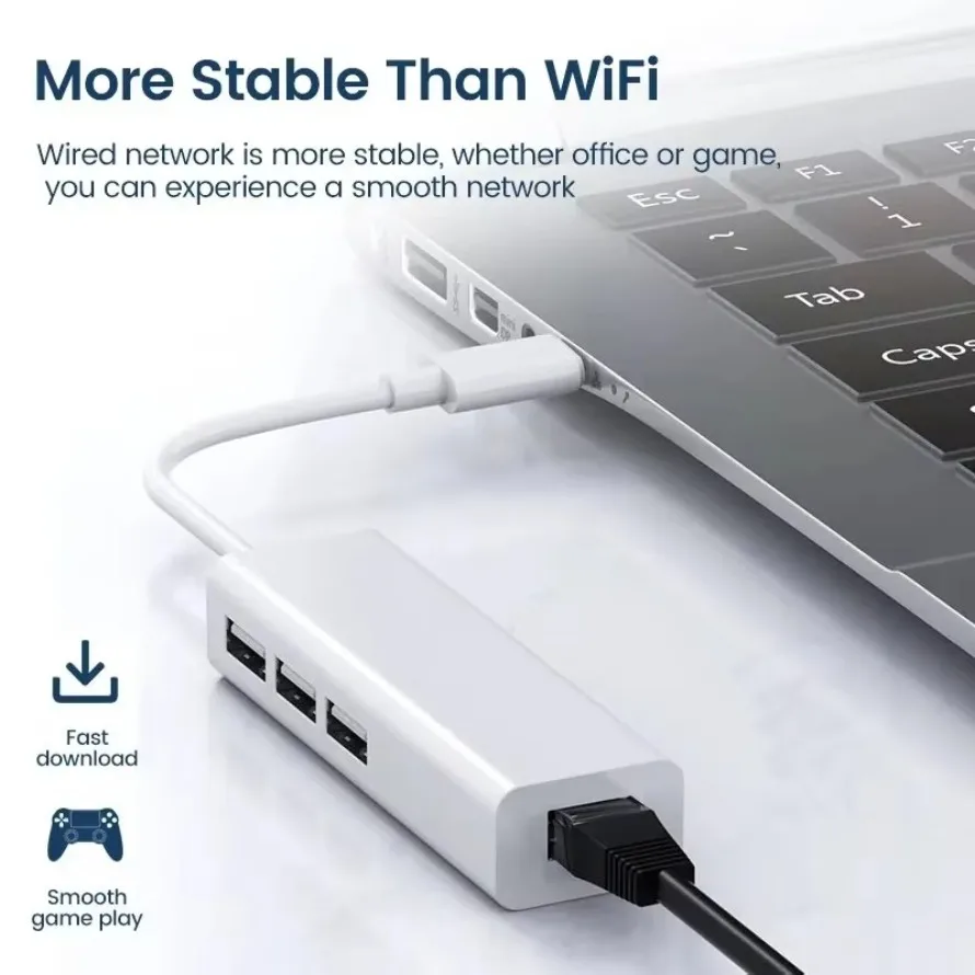 Фото USB-концентратор 3 порта USB-C HUB с портом RJ45 Сетевой адаптер Ethernet LAN 100 Мбит/с USB-RJ45 для ПК, компьютера, ноутбука, ТВ-приставки №3