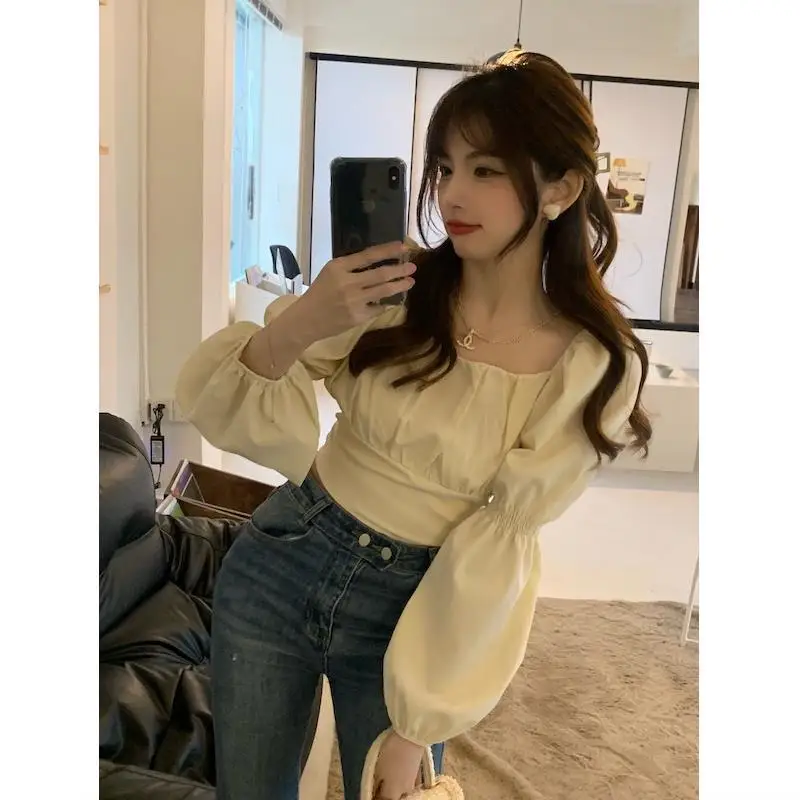 

Bubble Sleeves Square Neck Shirt Women Summer 2023 New French Minority Design Sense Heart Bow Long Sleeve Blouse Female Top