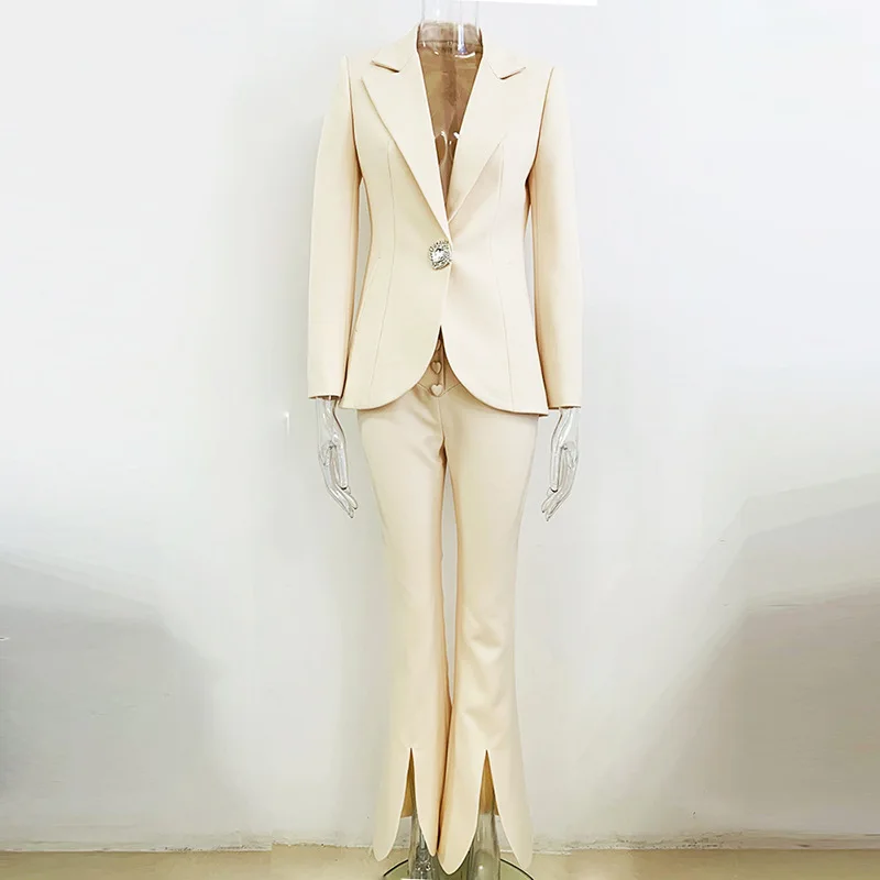 

Slim Fitted Office Lady Elegant Designed Solid Pattern Suit Long Sleeve Notched Blazer Slit Flared Pants Women Solid 2pcs