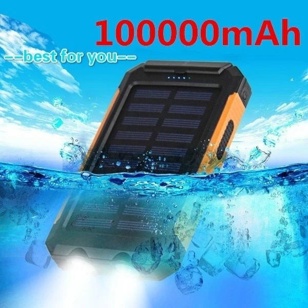 

New 100000mAh Waterproof Solar Power Bank Dual USB with SOS Led Charger Travel Powerbank for All Phone of Over The World