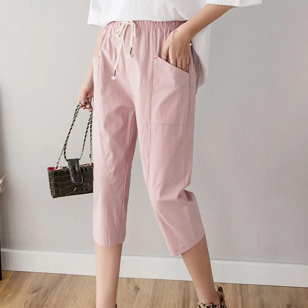 

Women Pants Elastic Waist Drawstring Summer Sweatpants Solid Color Casual Lady Trousers With Pockets For Lady
