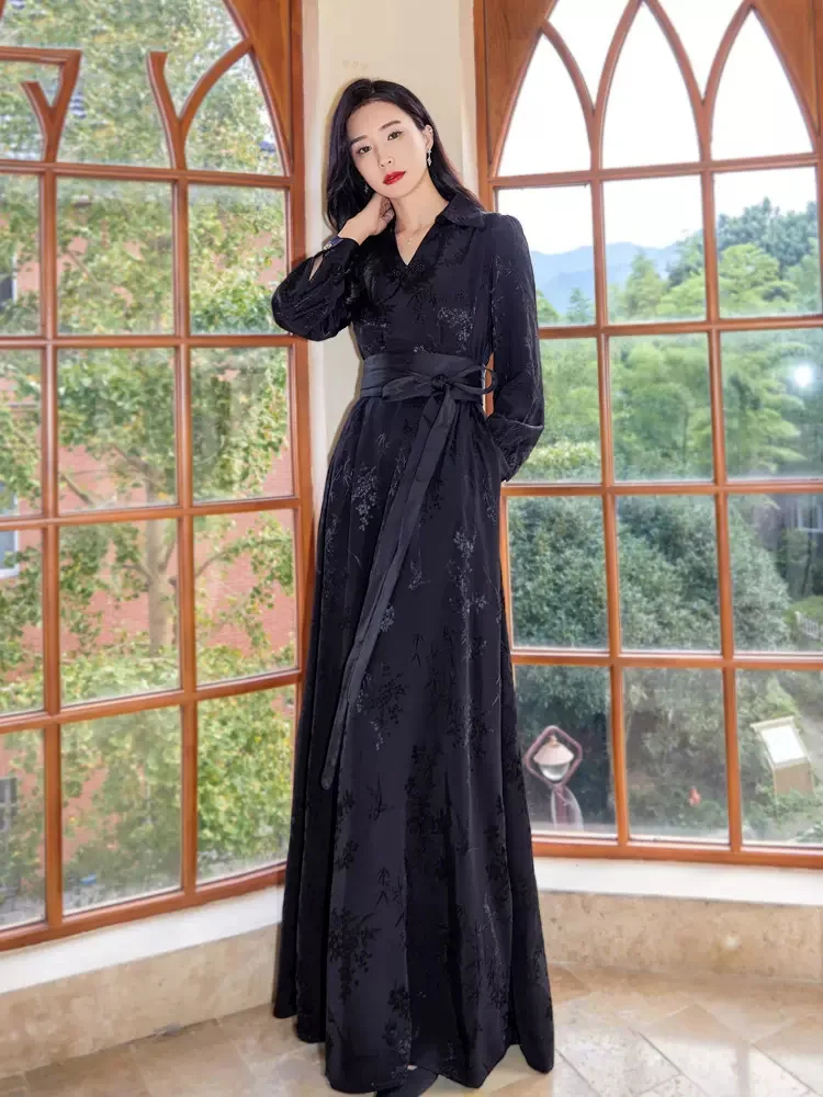 Новые женщины весна лето черное платье длиной до пола Мода изысканный V-образный