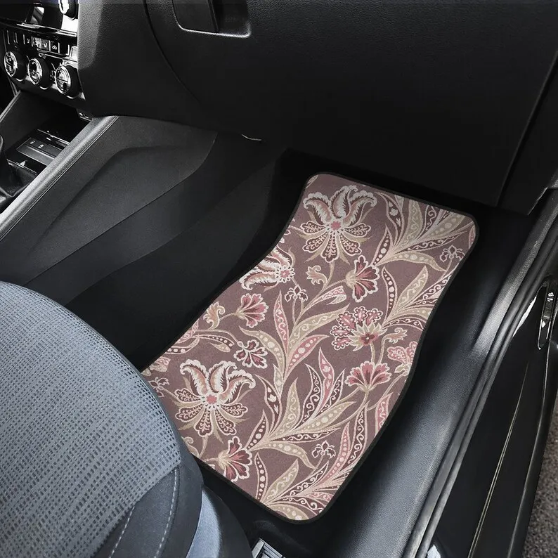 Grey Beige Brown Floral Flowers Car Floor Mats Set, Front and Back Floor Mats for Car, Car Accessories images - 6