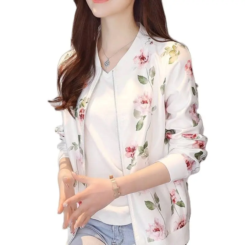 New 2022 Fashion Summer Women Bomber Print Jacket Long Sleeve Basic Jacket Coats Women Thin Slim Short Female Jackets Plue Size