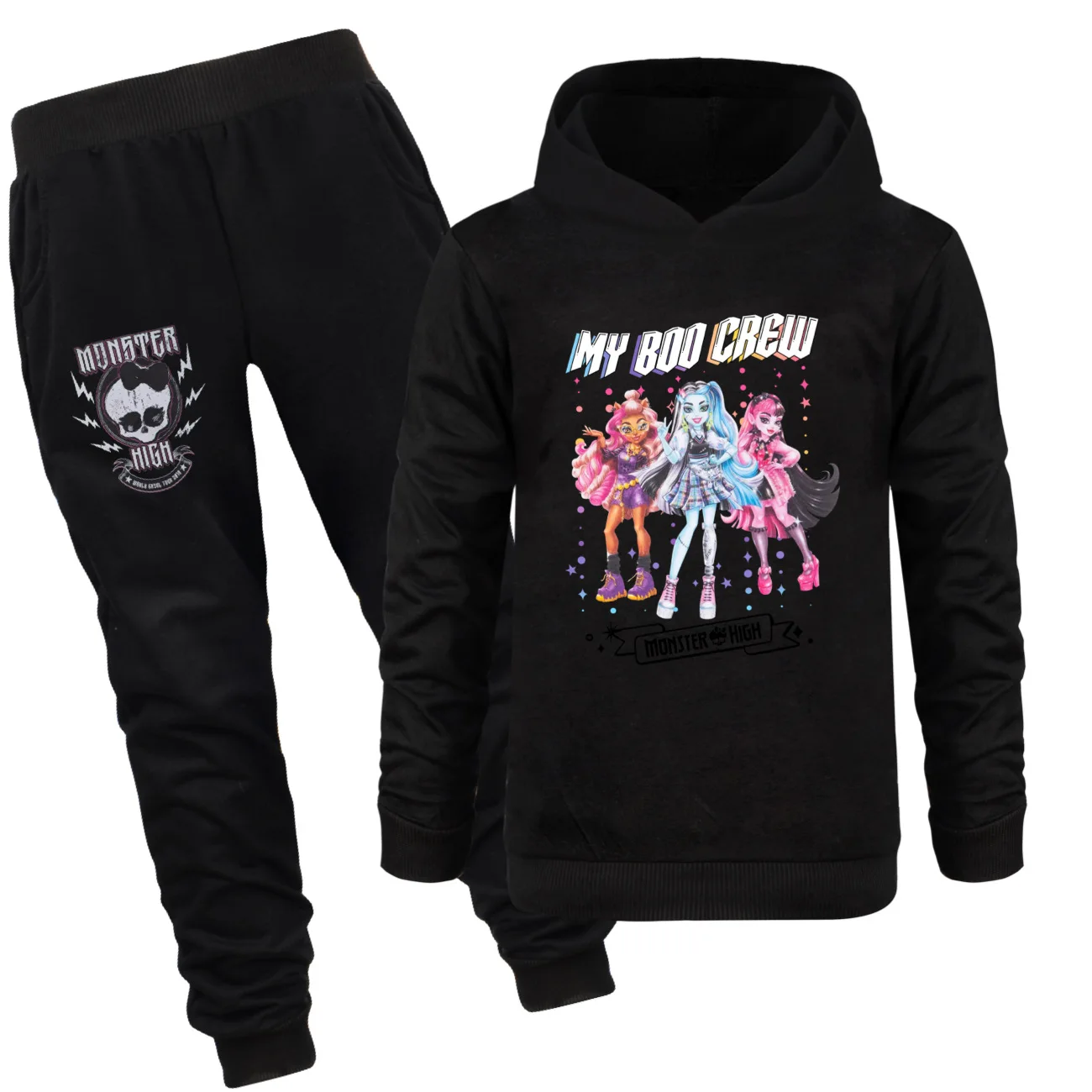 Monster High Costumes Kawaii Dolls Draculaura Frankie Printed Boy Hoodies Pants 2pcs Autumn Sweatshirt Long Sleeve Girls Clothes
