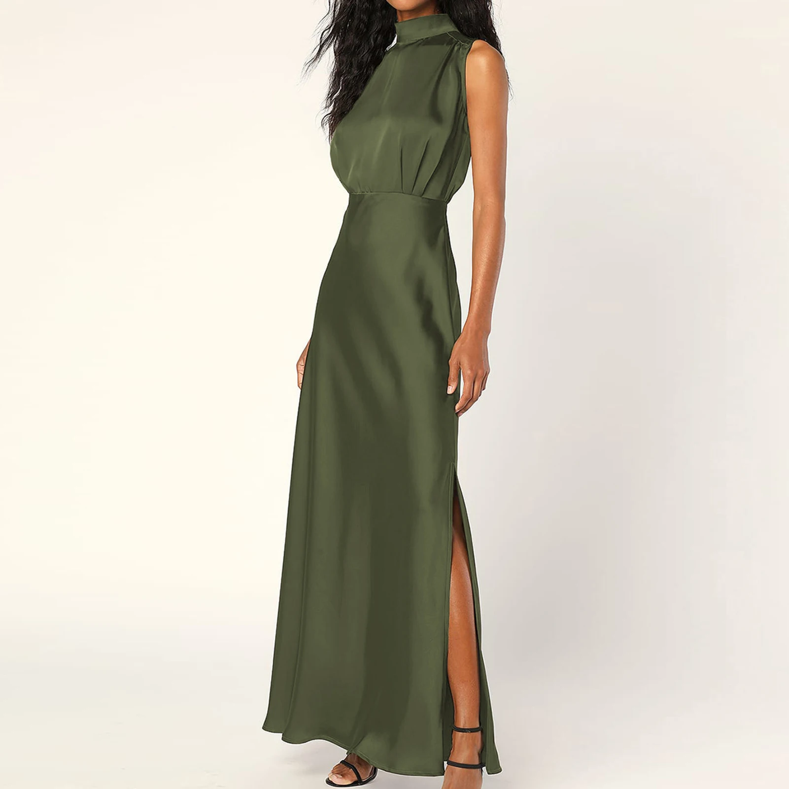 

Women Summer Dresses Sleeveless Mock Neck Long Dresses Flowy Side Slit Solid Color Elegant Soft for Cocktail Wedding