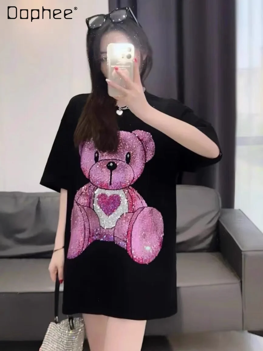 

Heavy Embroidery Rhinesstone Love Bear Pink Sweet Short-Sleeved T-shirt for Women 2022 Summer New Loose Casual Girl T-shirt Top