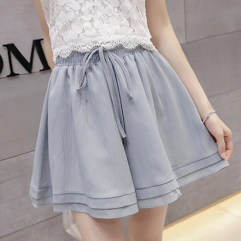 

Женские шифоновые расклешенные шорты с высокой талией и эластичным поясом, однотонные черные и белые шорты, женские повседневные свободные летние сексуальные шорты