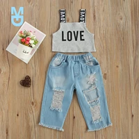 new 1 6y letter strap sleeveless vest tops denim hole long pants summer girls clothing set outfits