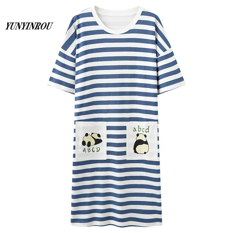 

Summer Cartoon Bear Knitted Kawaii Girls Sleep Dress Women's Nightgowns Nighttie Striped Sleepshirts Ladies Dresses Home Fashion
