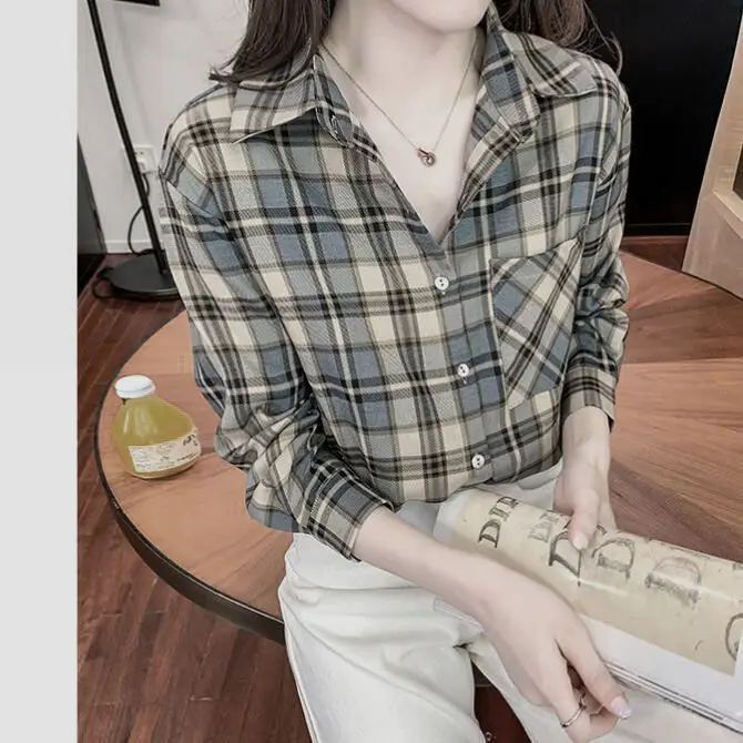 Японская клетчатая рубашка в гонконгском стиле с длинными рукавами Корейская