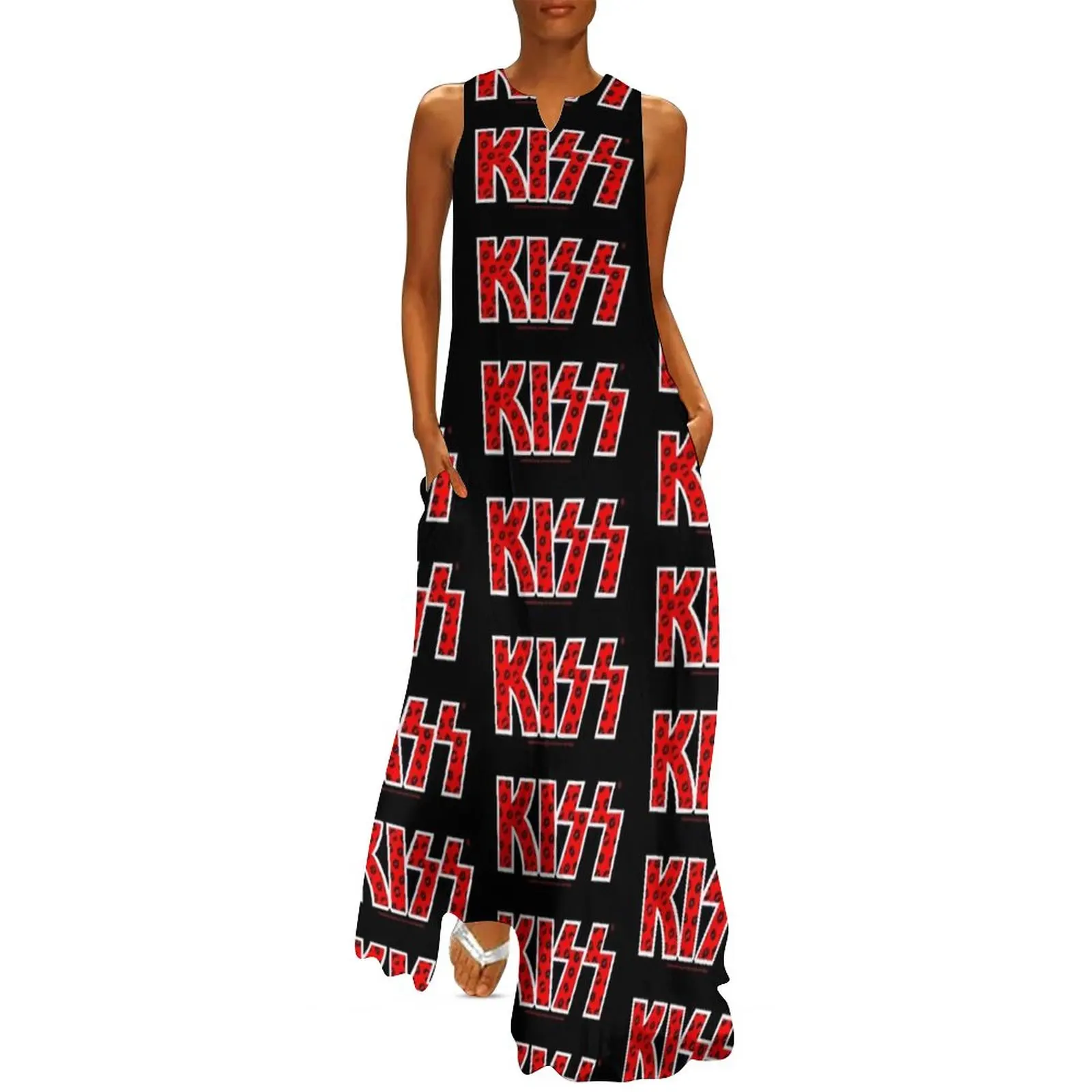 

Kiss Band Dress Summer Black Lips Logo Street Wear Bohemia Long Dresses Women Party Maxi Dress Gift Idea