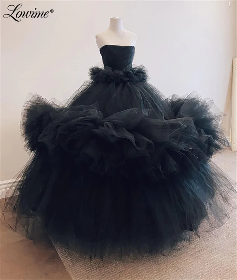 

Puffy Black Long Prom Dresses 2022 Celebrity Dress Formal Arabic Evening Gowns Robes De Soirée Strapless Quinceanera Dress Robes