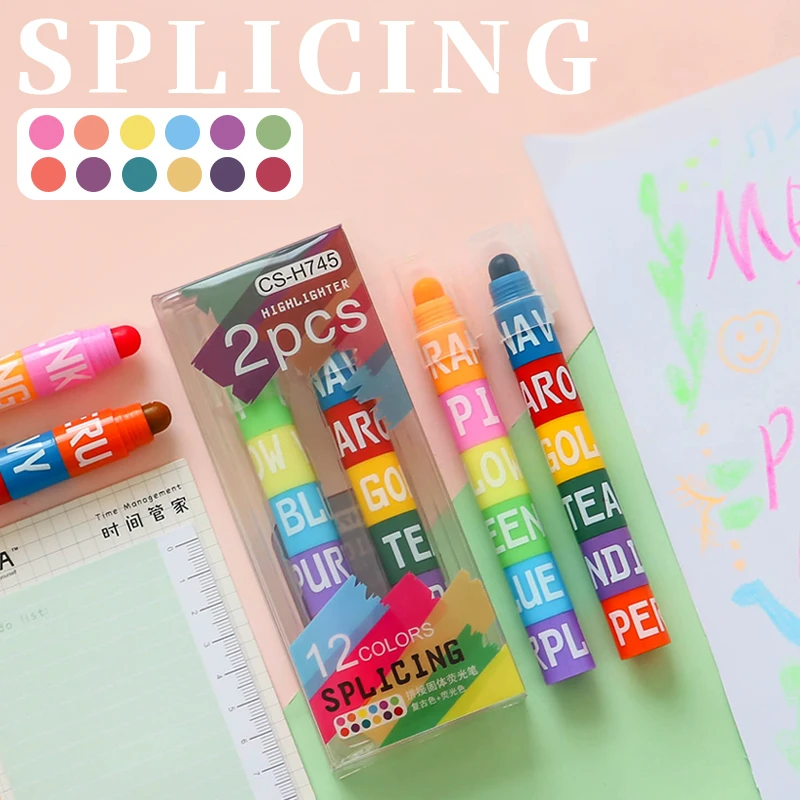 

2pcs Splicing Highlighter Marker Pen Set 12 Color Fluorescent Paint Drawing Novelty Building Block Style Office School F015