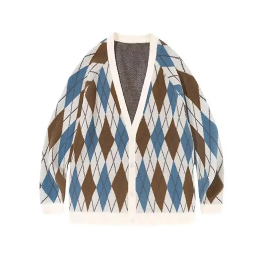 

Long Sleeve V Neck Preppy Style Knit Sweater Women Autumn Single Breasted Cotton Warm Cardigan Patchwork Grey Long Sweaters Coat