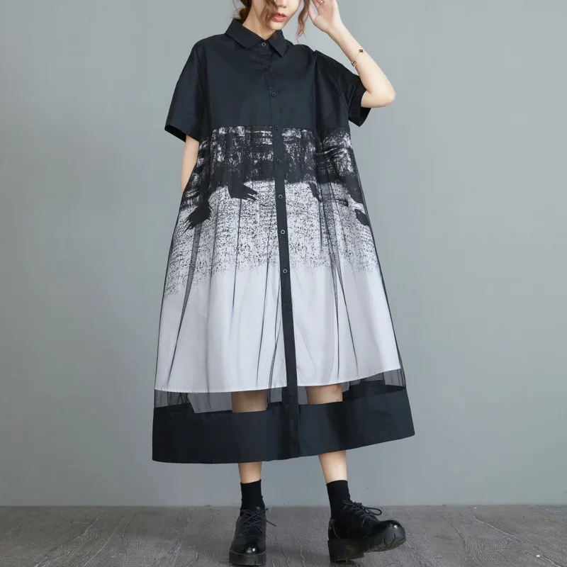 

#3411 Black Spliced Mesh A-line Printed Shirt Dress Women Short Sleeve Vintage Front Button Shirt Dress Ladies Loose Summer 2022