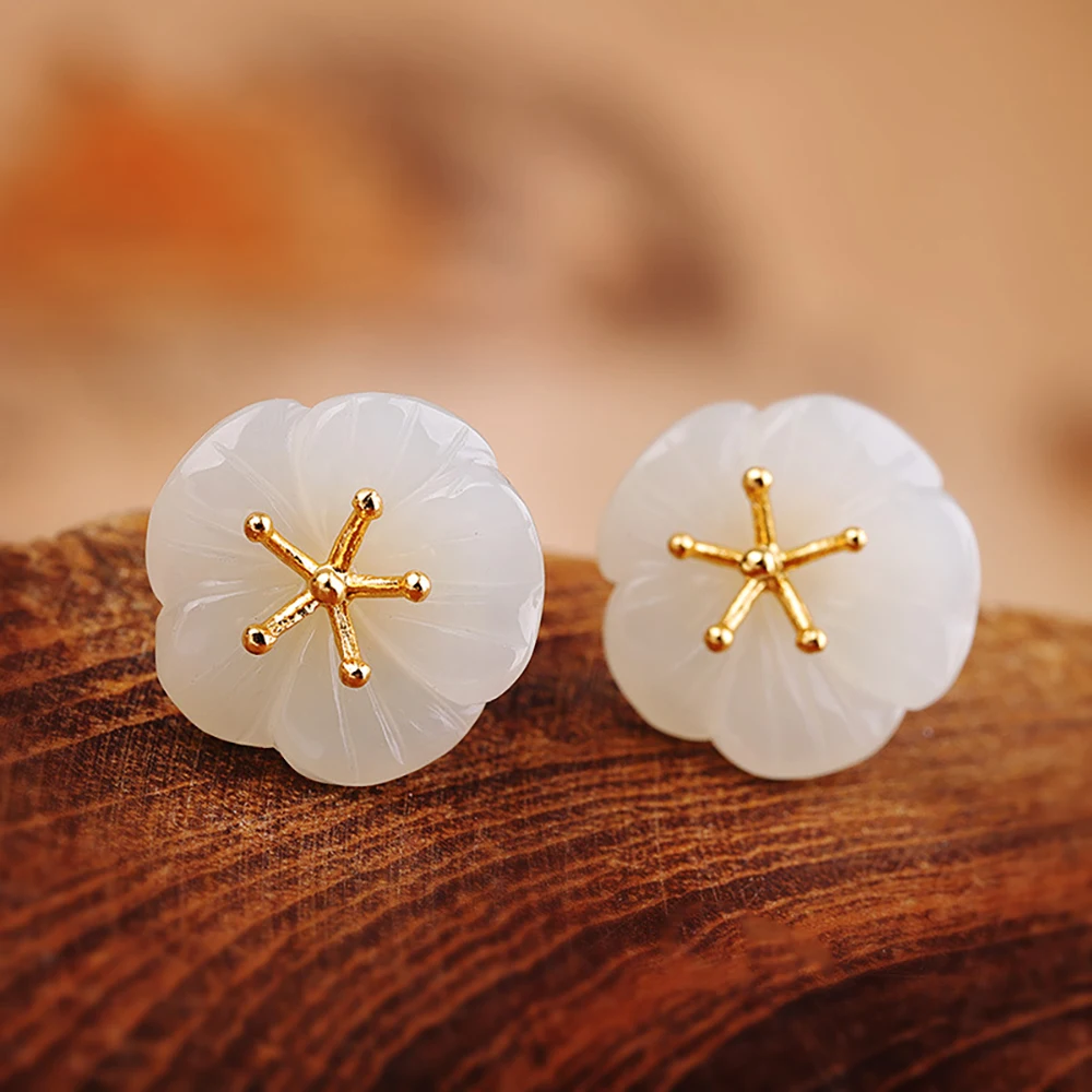 

100% S925 Real Silver Jewelry Earrings Simple Hetian Jade Flower Women's Earrings Gold Plated Engagement Wedding Jewelry Gift