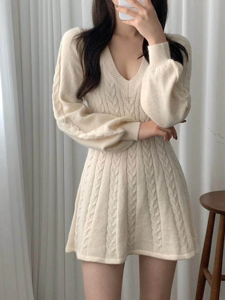 

Long Sleeve Elegant Pink Mini Knit Dress Women Autumn Winter Solid Color A-line Puff Sleeve Sweet Short Sweater Dresses 2022