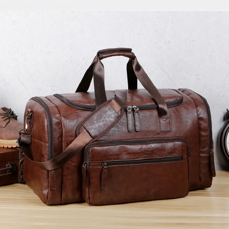 Large Capacity Travel Bag Men's PU leather Handbag Lychee Pattern Retro Business Ipad Holder Single Shoulder Messenger Bag Black