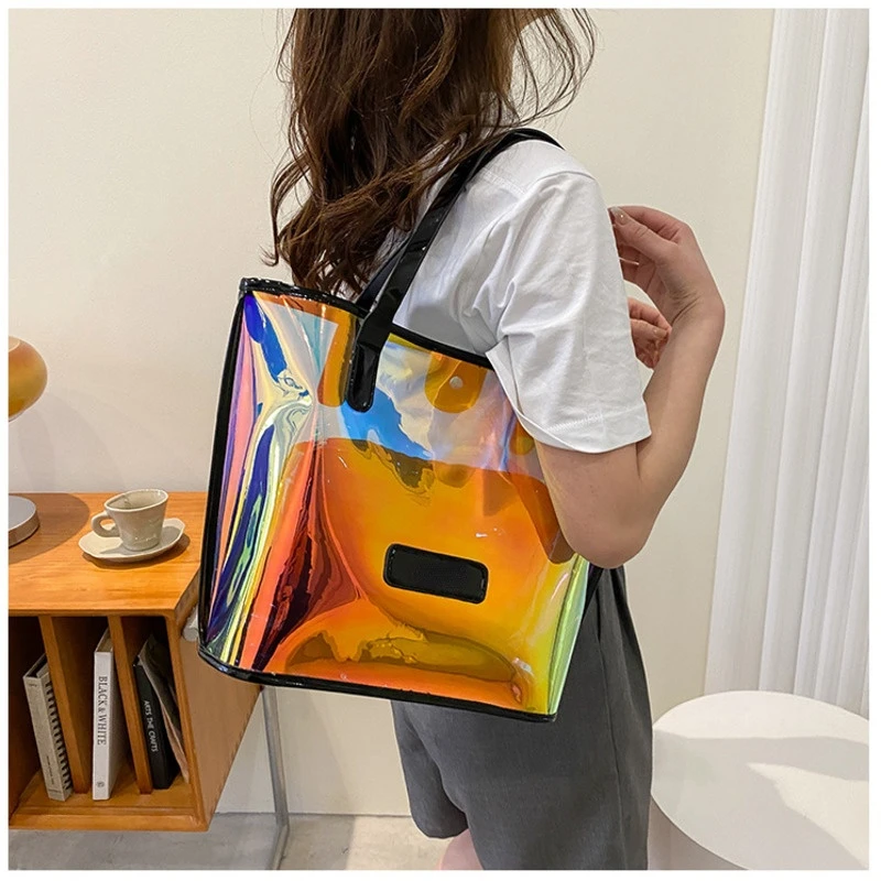 PVC Laser Aurora Transparent Jelly Bag Large Capacity Laser Clear Son-Mother Travel Tote 2pcs/set Casual PVC Women Jelly Handbag